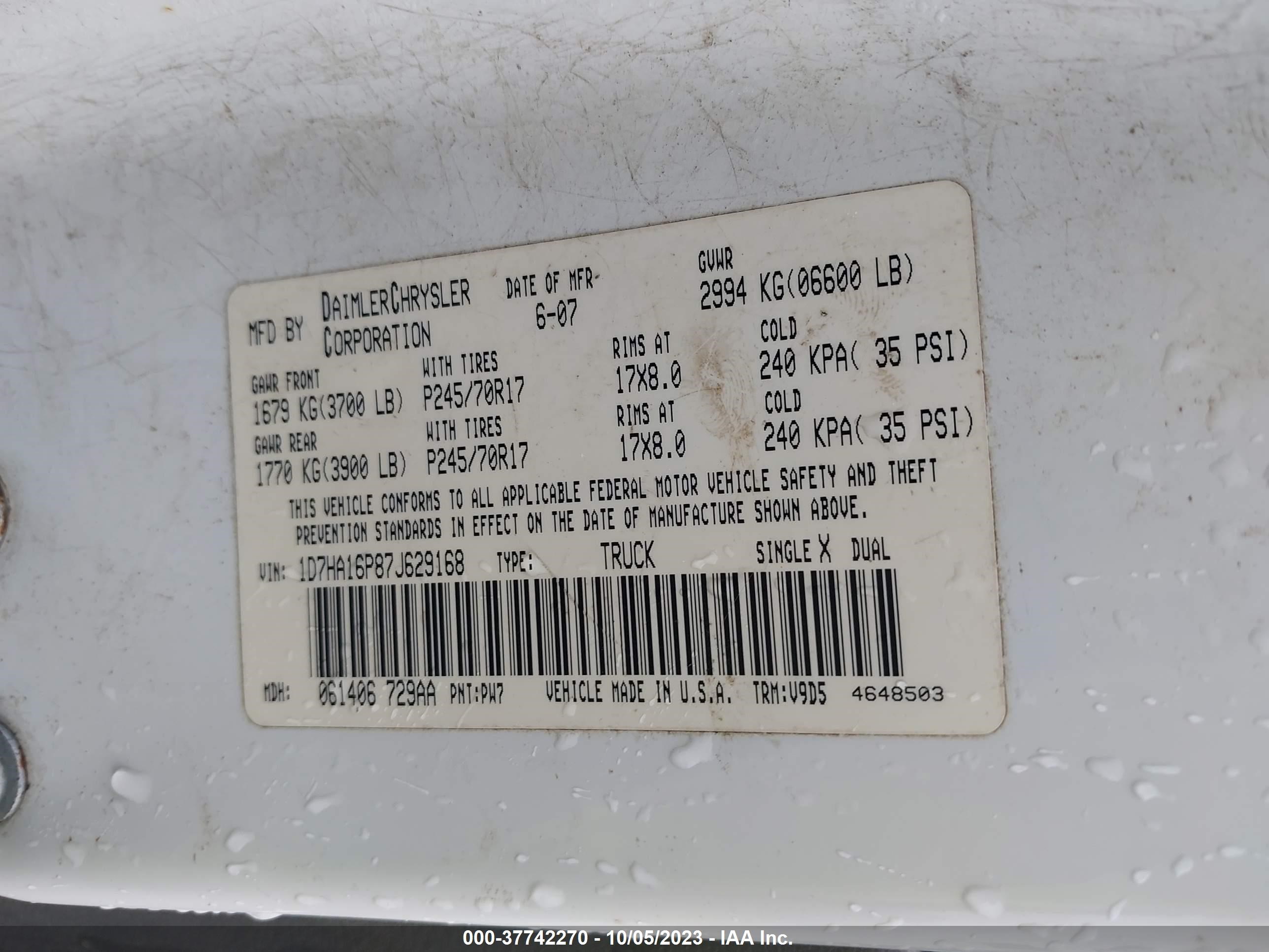 Photo 8 VIN: 1D7HA16P87J629168 - DODGE RAM 