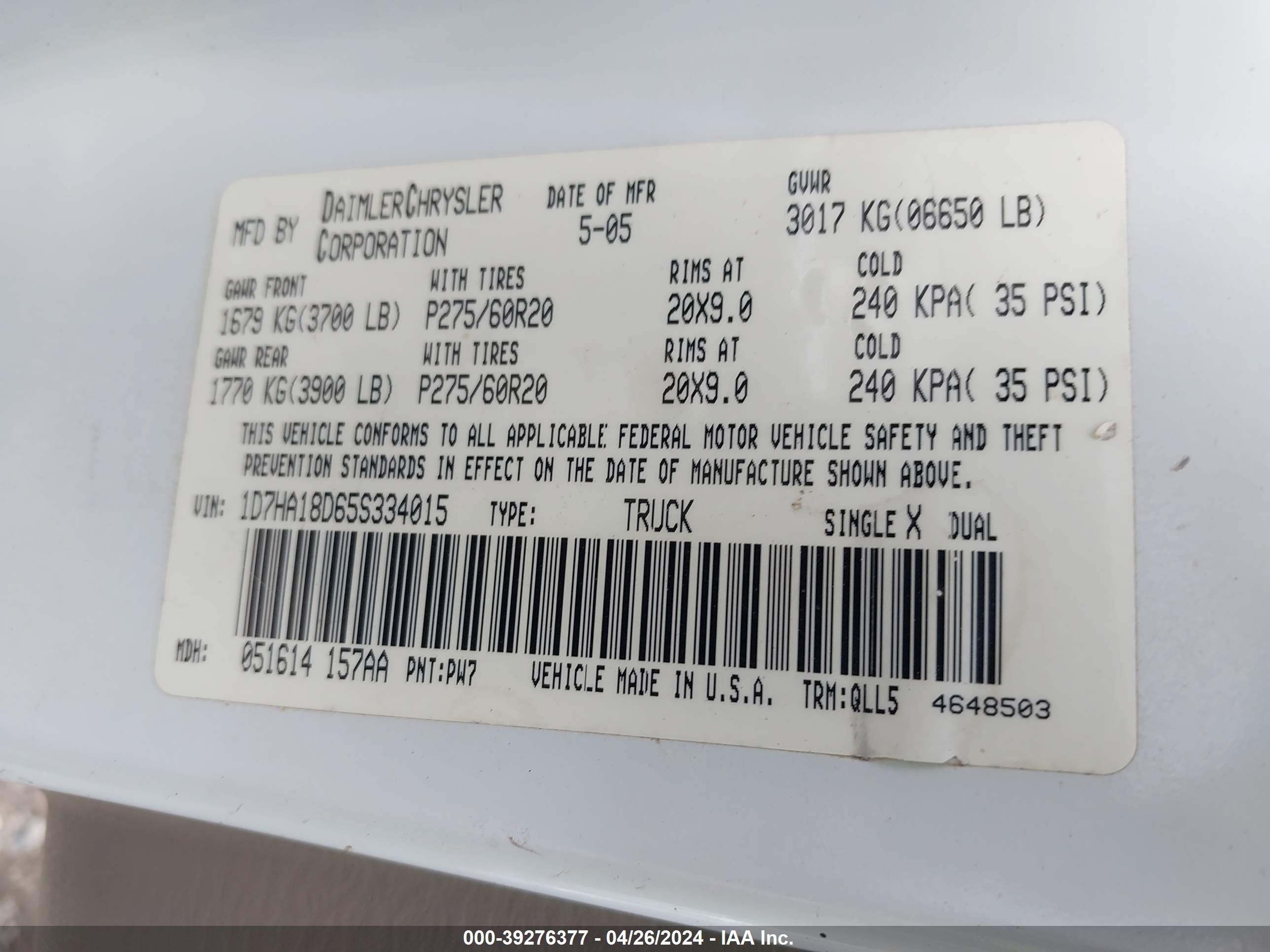 Photo 8 VIN: 1D7HA18D65S334015 - DODGE RAM 