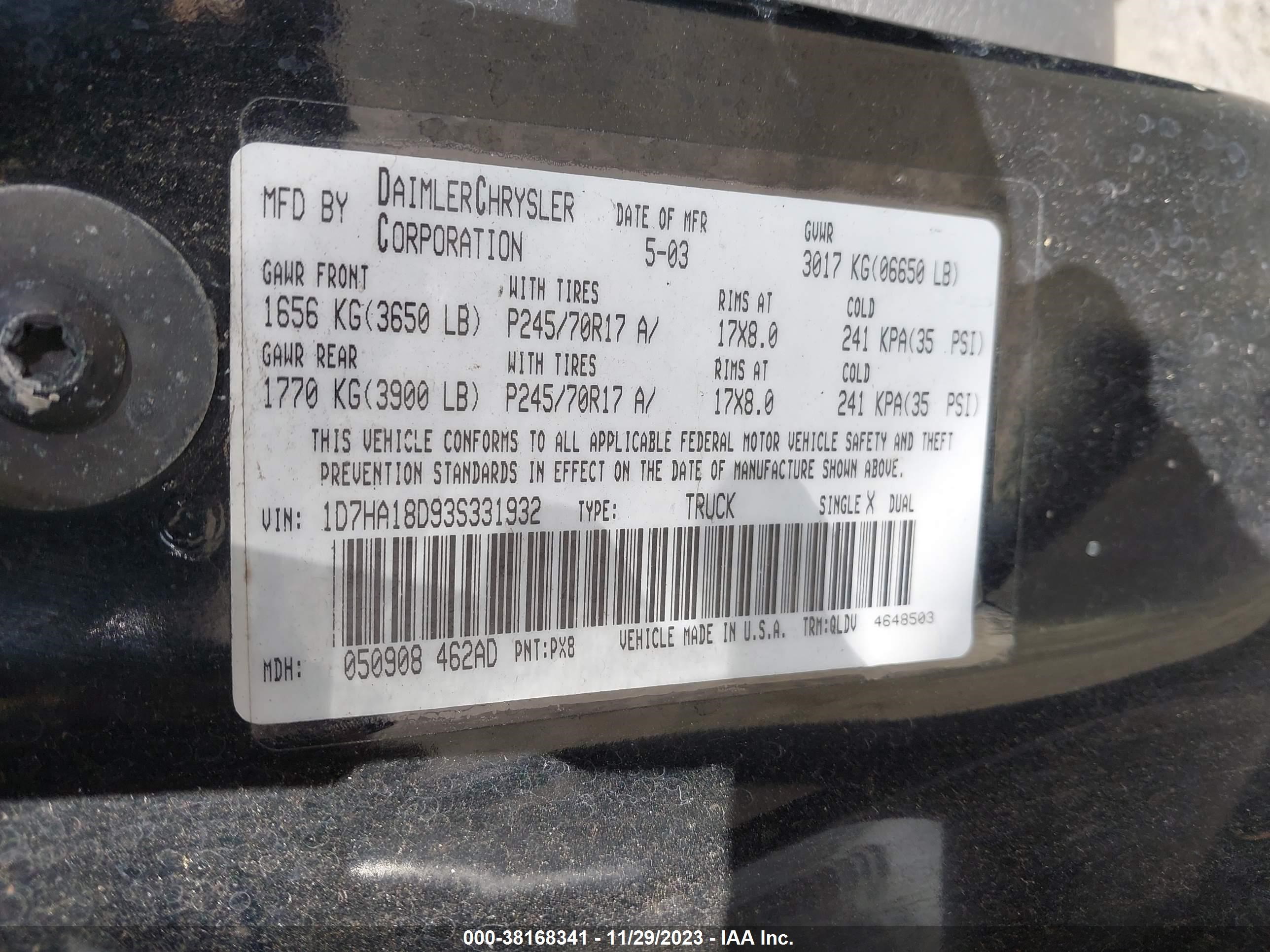 Photo 8 VIN: 1D7HA18D93S331932 - DODGE RAM 