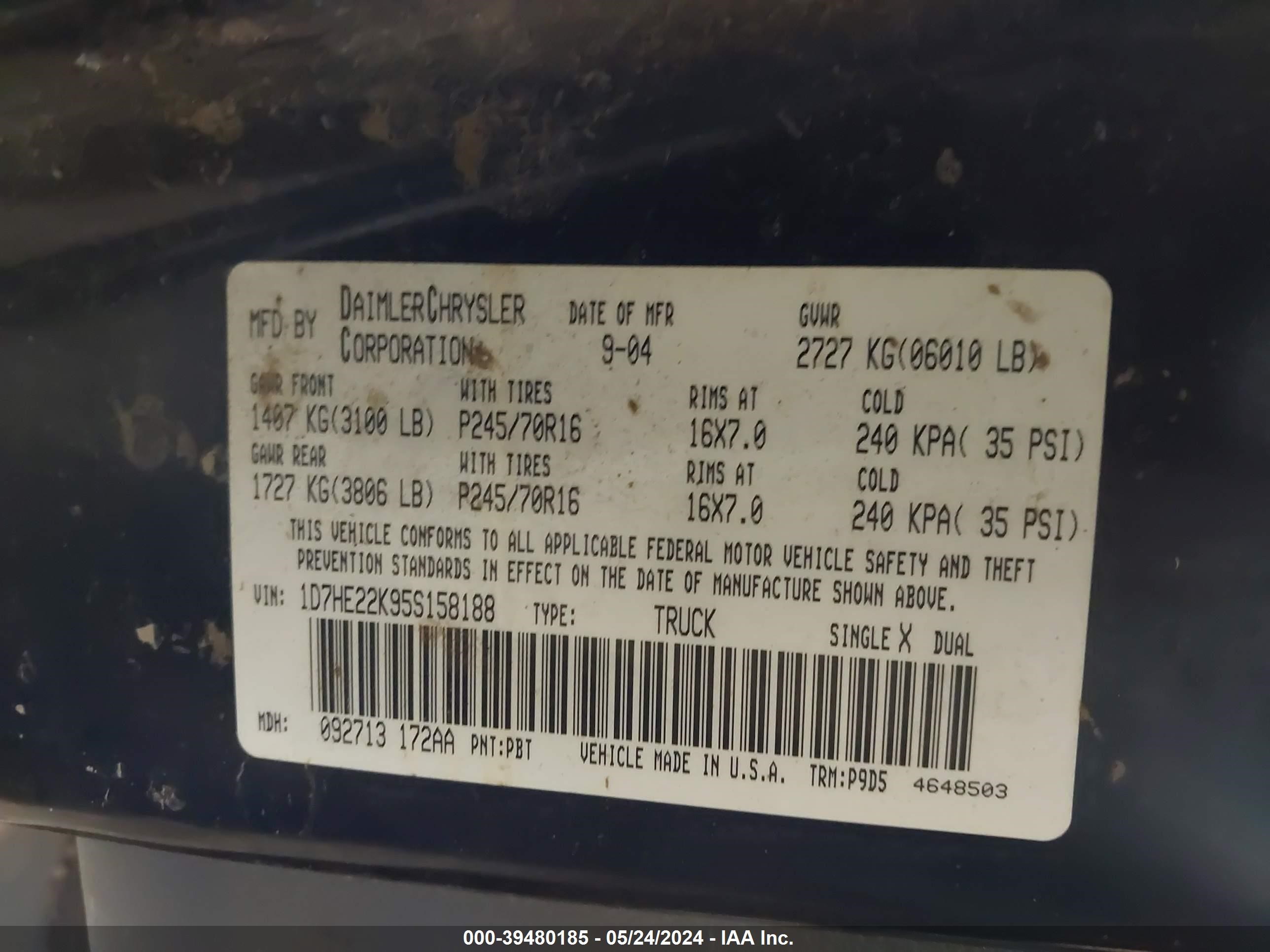 Photo 8 VIN: 1D7HE22K95S158188 - DODGE DAKOTA 