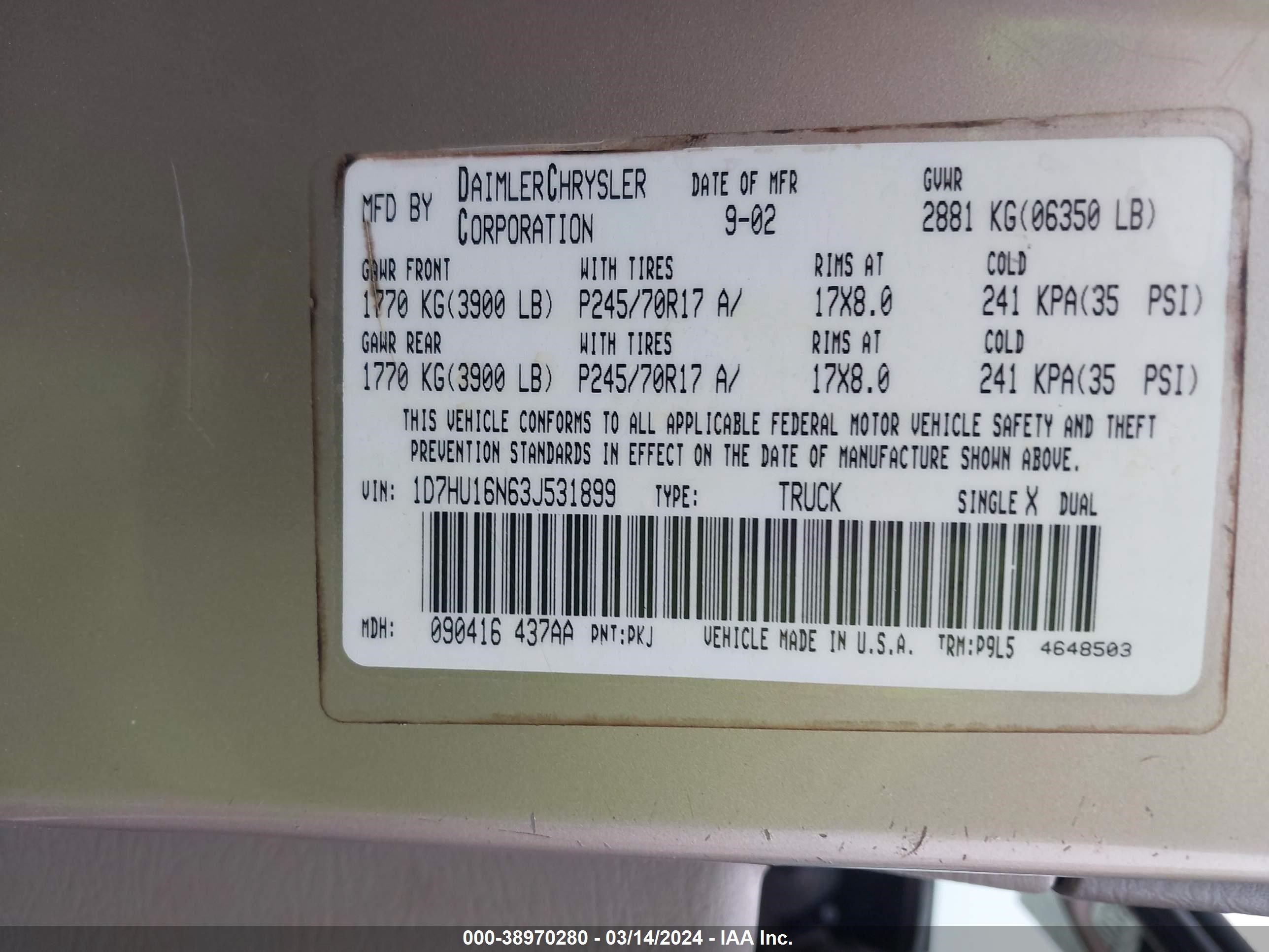 Photo 8 VIN: 1D7HU16N63J531899 - DODGE RAM 