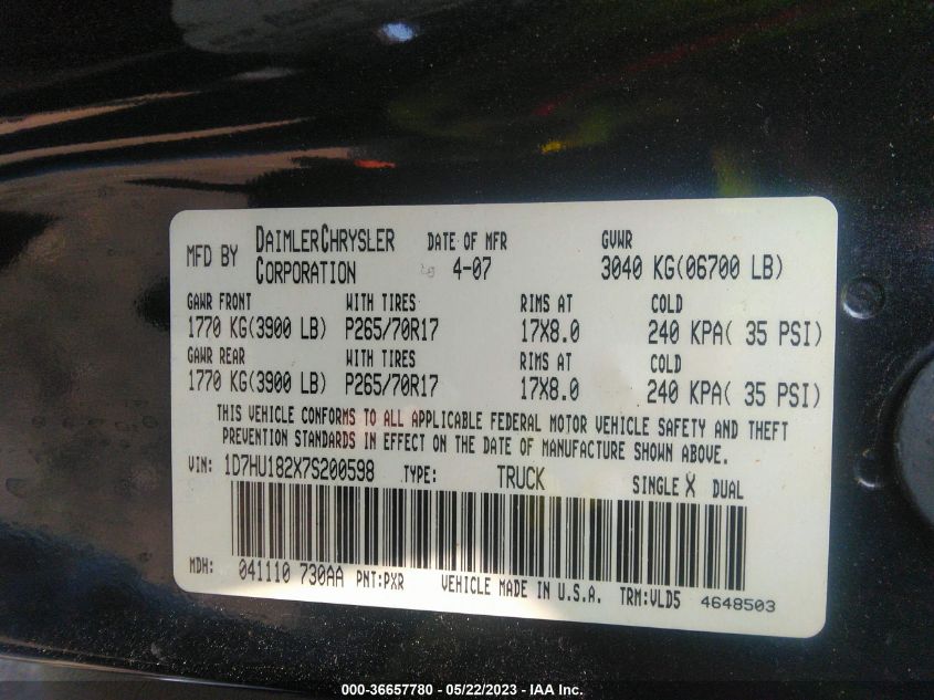 Photo 8 VIN: 1D7HU182X7S200598 - DODGE RAM 