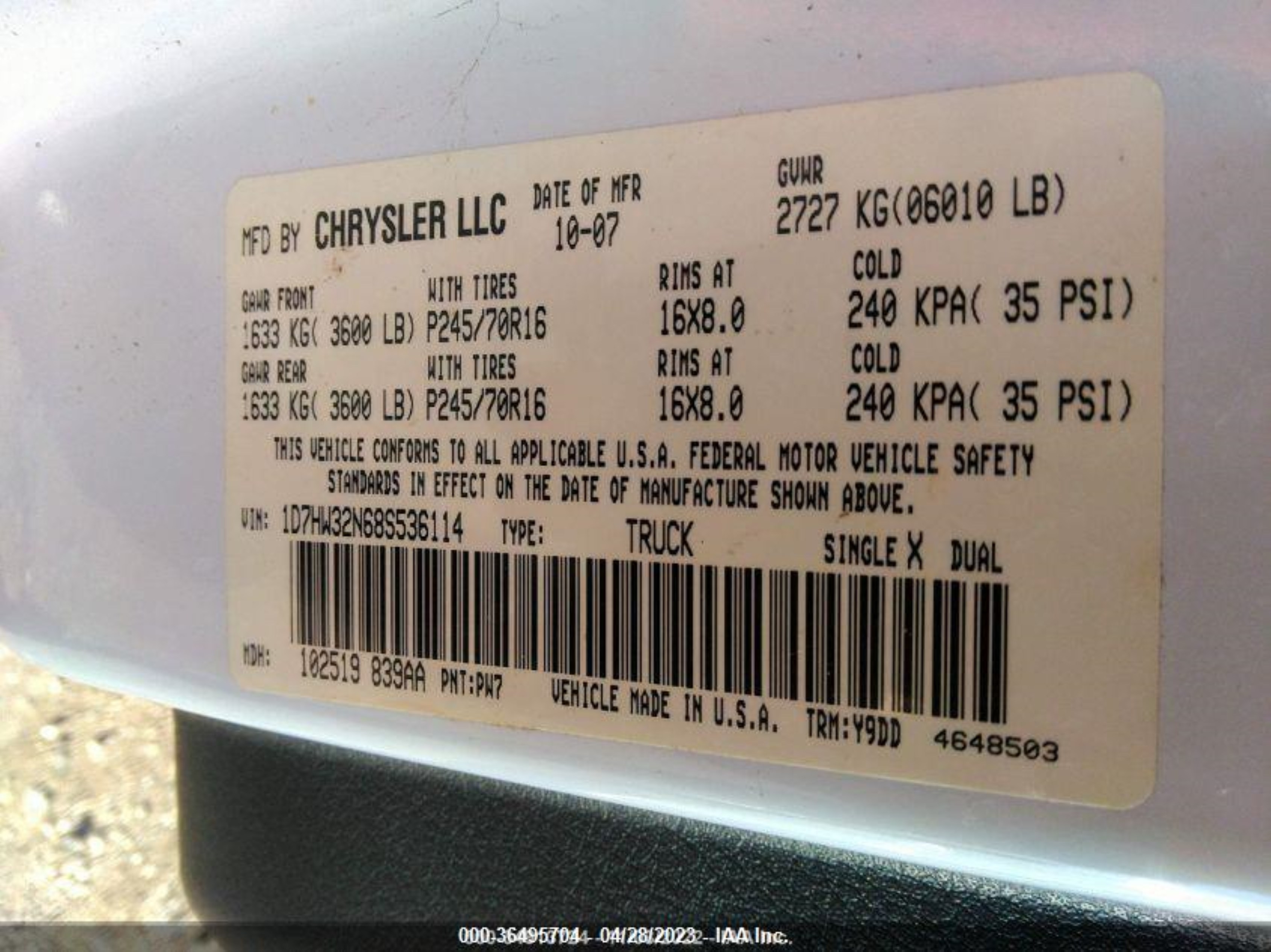 Photo 7 VIN: 1D7HW32N68S536114 - DODGE DAKOTA 