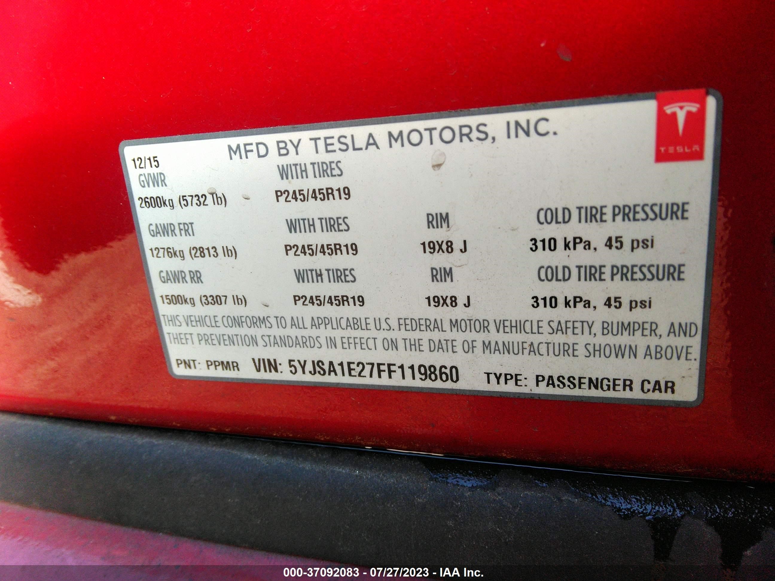 Photo 8 VIN: 1D7RV1GT8AS233974 - TESLA MODEL S 