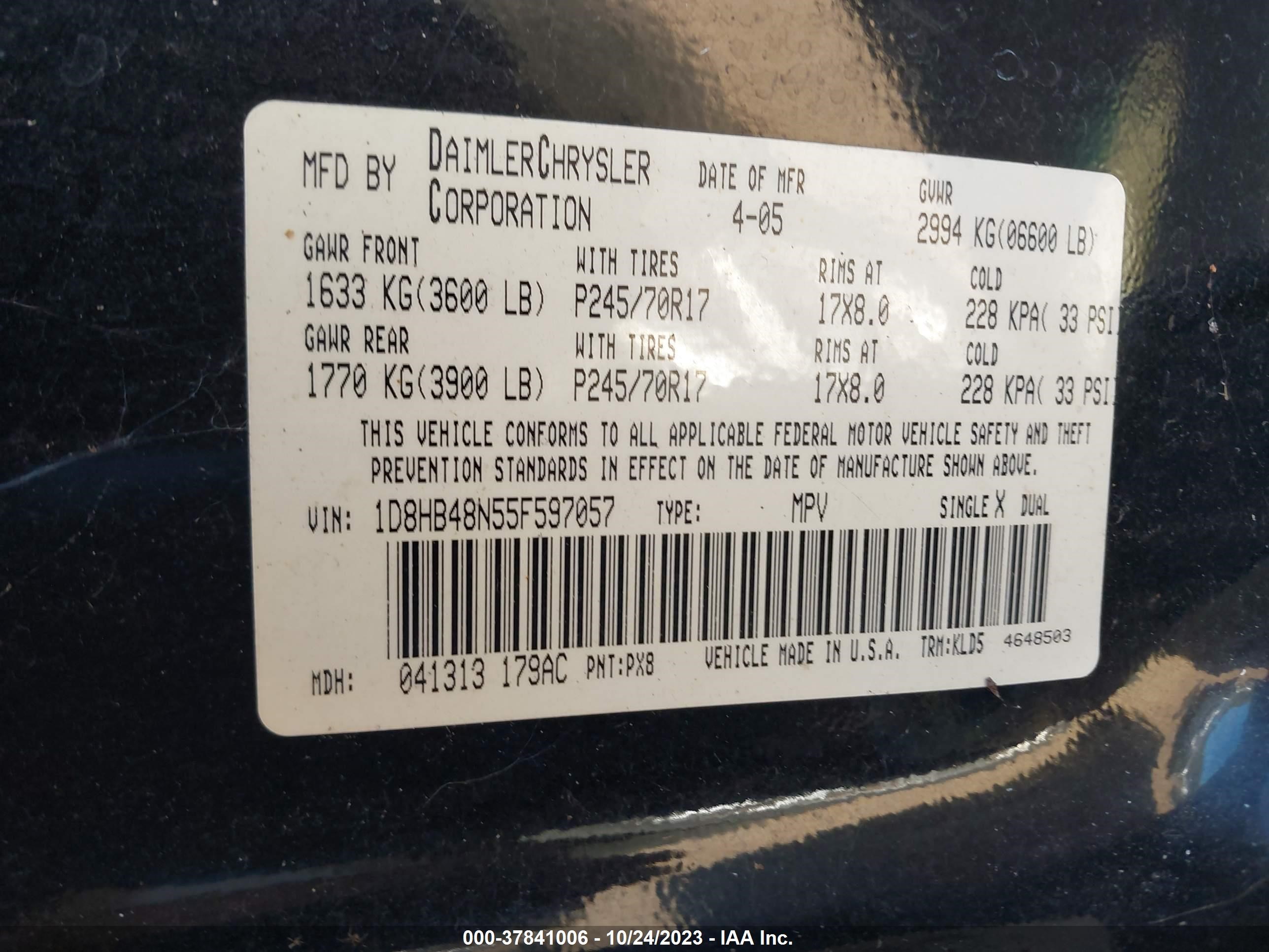 Photo 8 VIN: 1D8HB48N55F597057 - DODGE DURANGO 