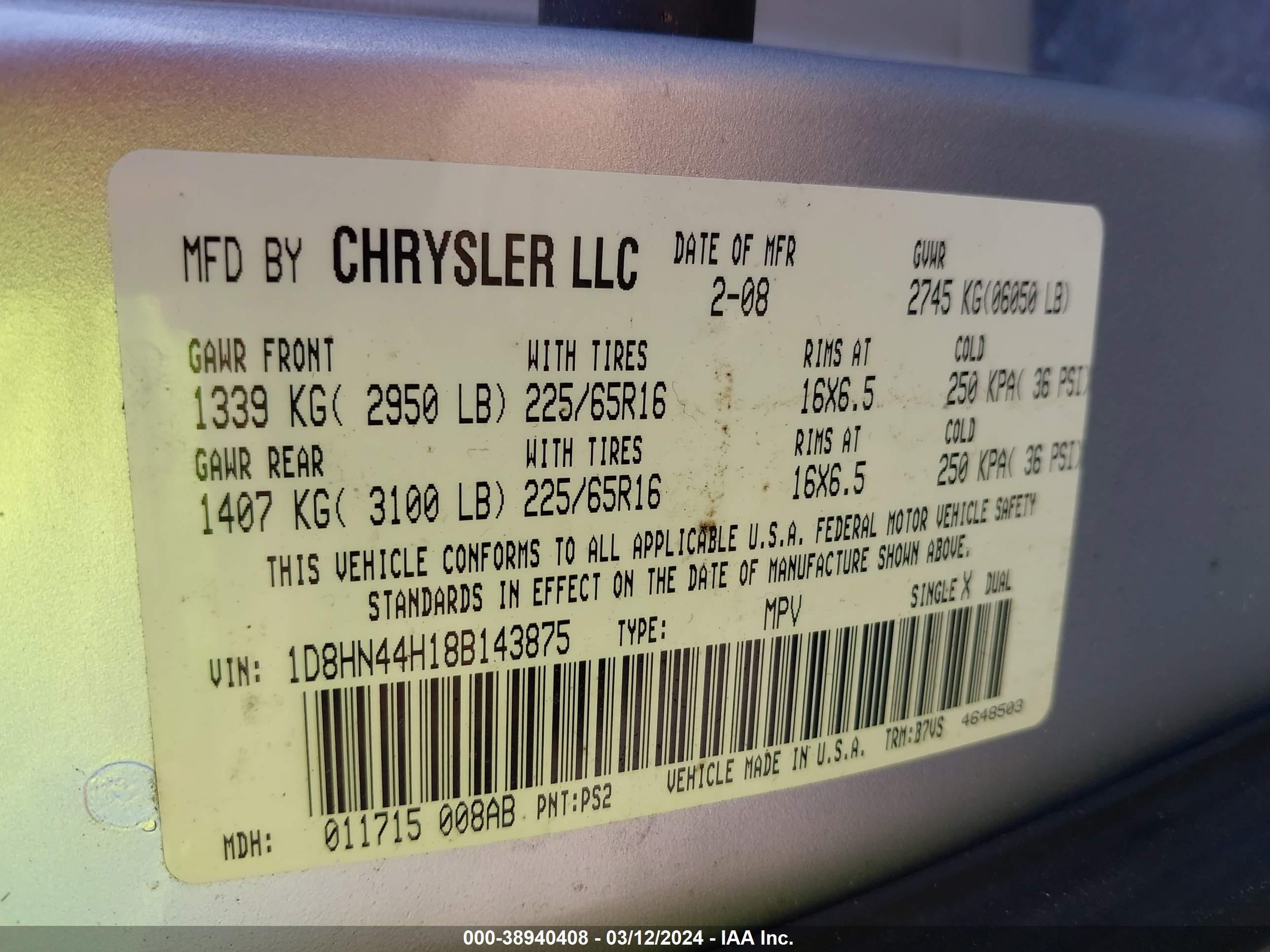 Photo 8 VIN: 1D8HN44H18B143875 - DODGE CARAVAN 