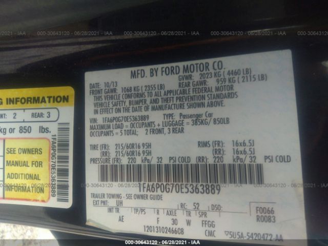 Photo 8 VIN: 1FA6P0G70E5363889 - FORD FUSION 