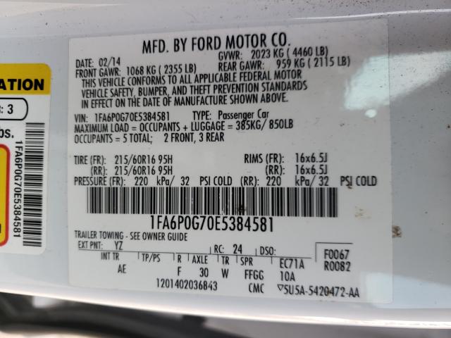 Photo 9 VIN: 1FA6P0G70E5384581 - FORD FUSION S 