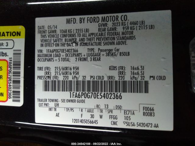 Photo 8 VIN: 1FA6P0G70E5402366 - FORD FUSION 