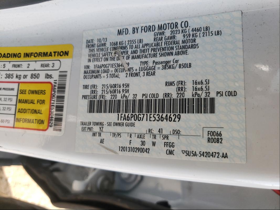 Photo 9 VIN: 1FA6P0G71E5364629 - FORD FUSION S 