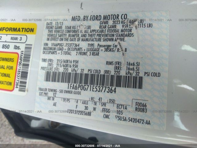 Photo 8 VIN: 1FA6P0G71E5377364 - FORD FUSION 