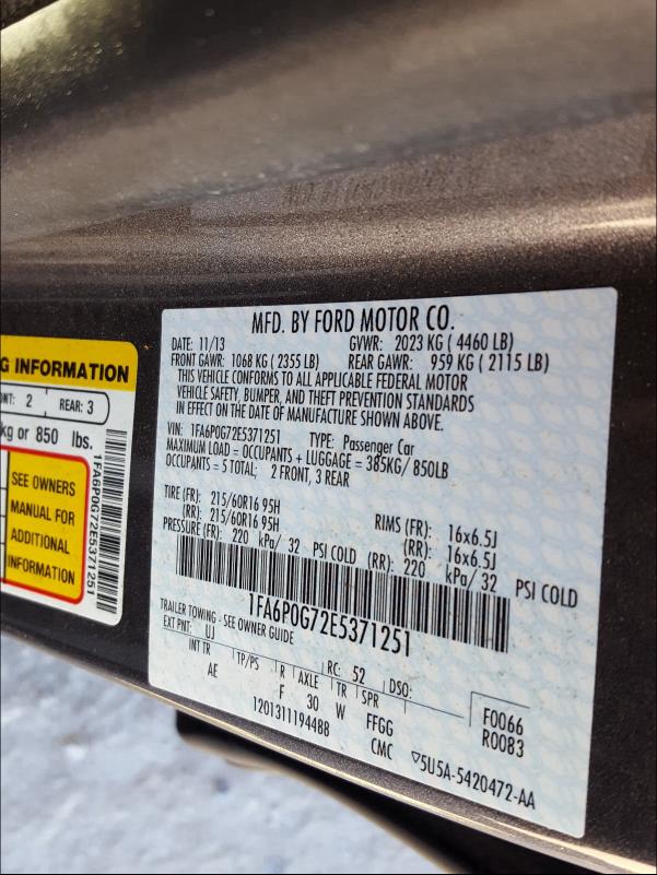 Photo 9 VIN: 1FA6P0G72E5371251 - FORD FUSION S 