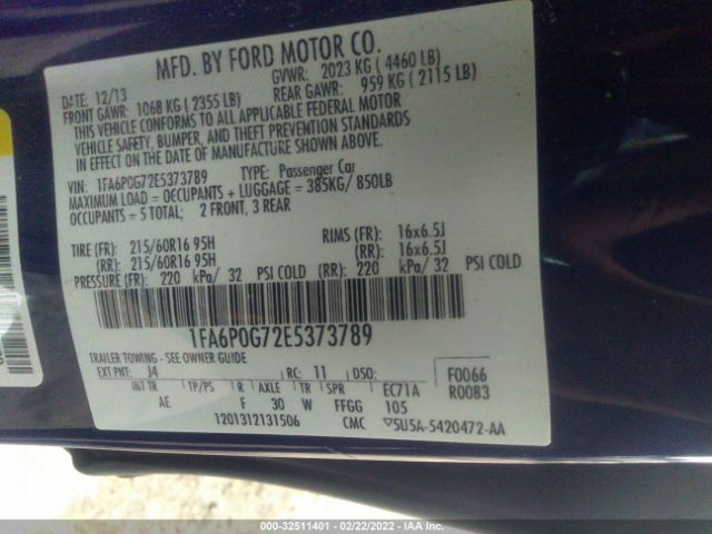 Photo 8 VIN: 1FA6P0G72E5373789 - FORD FUSION 