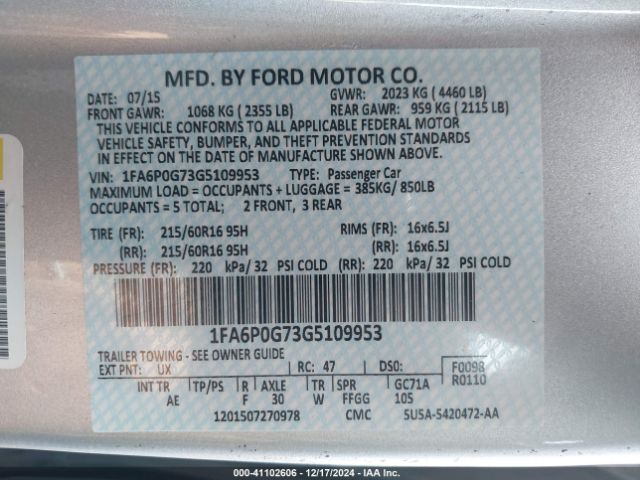 Photo 8 VIN: 1FA6P0G73G5109953 - FORD FUSION 