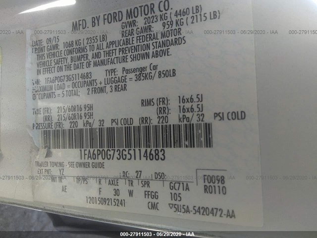 Photo 8 VIN: 1FA6P0G73G5114683 - FORD FUSION 