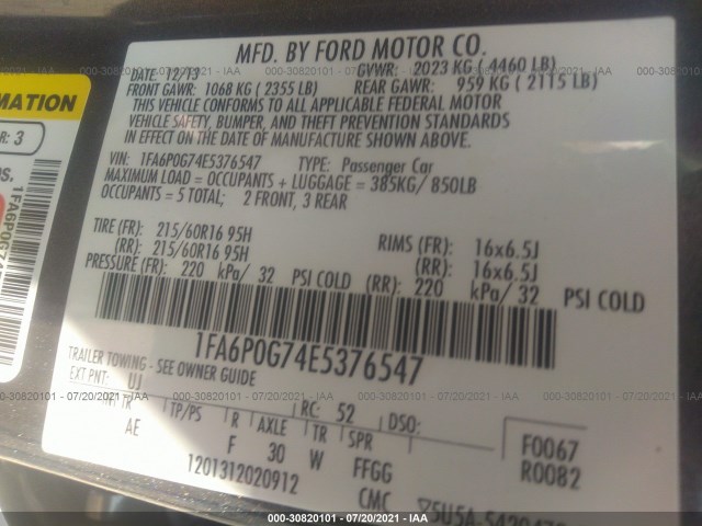 Photo 8 VIN: 1FA6P0G74E5376547 - FORD FUSION 