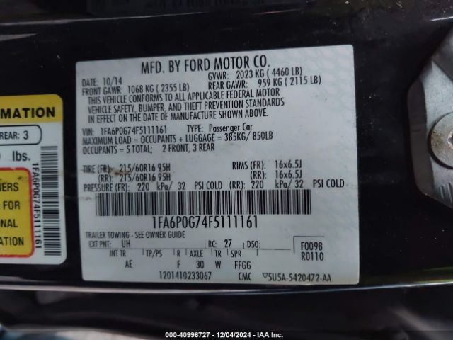 Photo 8 VIN: 1FA6P0G74F5111161 - FORD FUSION 