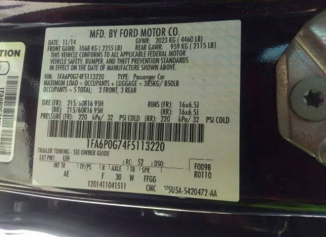 Photo 8 VIN: 1FA6P0G74F5113220 - FORD FUSION 