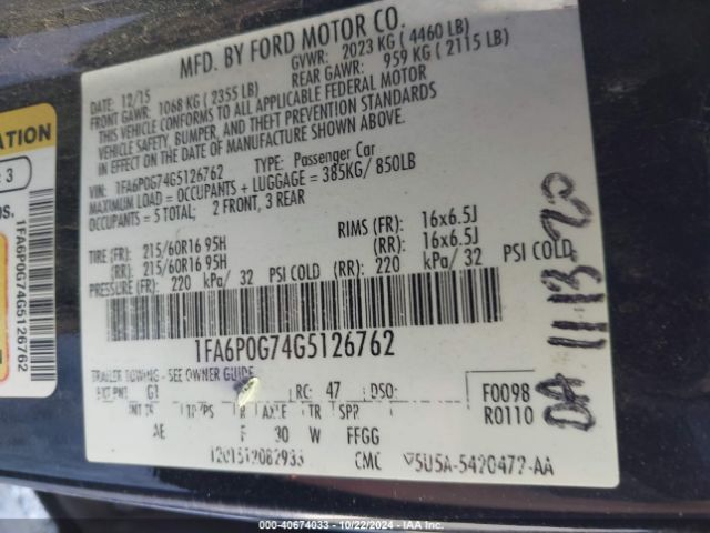 Photo 8 VIN: 1FA6P0G74G5126762 - FORD FUSION 