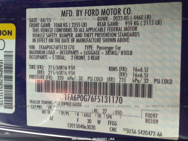 Photo 8 VIN: 1FA6P0G76F5131170 - FORD FUSION 