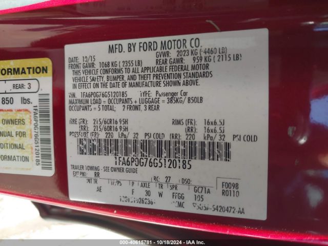 Photo 8 VIN: 1FA6P0G76G5120185 - FORD FUSION 