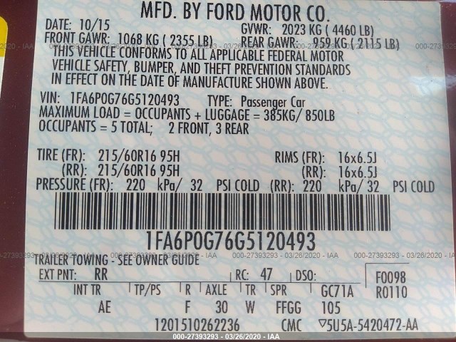 Photo 8 VIN: 1FA6P0G76G5120493 - FORD FUSION 