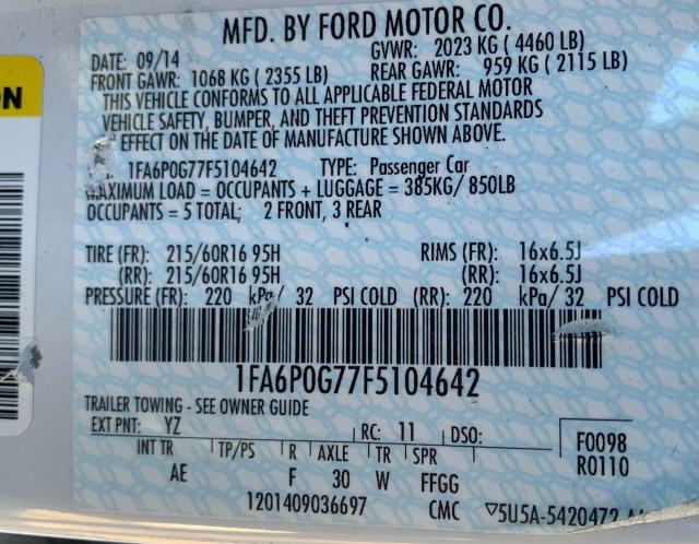 Photo 9 VIN: 1FA6P0G77F5104642 - FORD FUSION S 