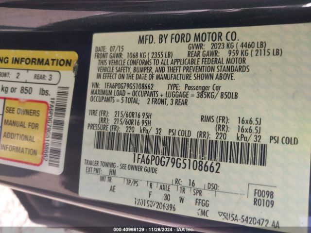 Photo 8 VIN: 1FA6P0G79G5108662 - FORD FUSION 