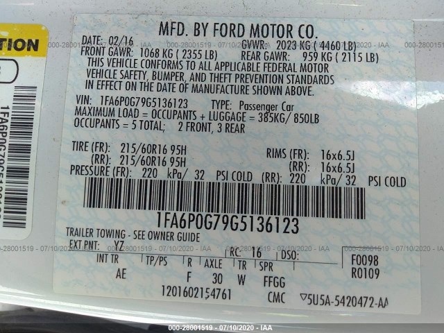 Photo 8 VIN: 1FA6P0G79G5136123 - FORD FUSION 