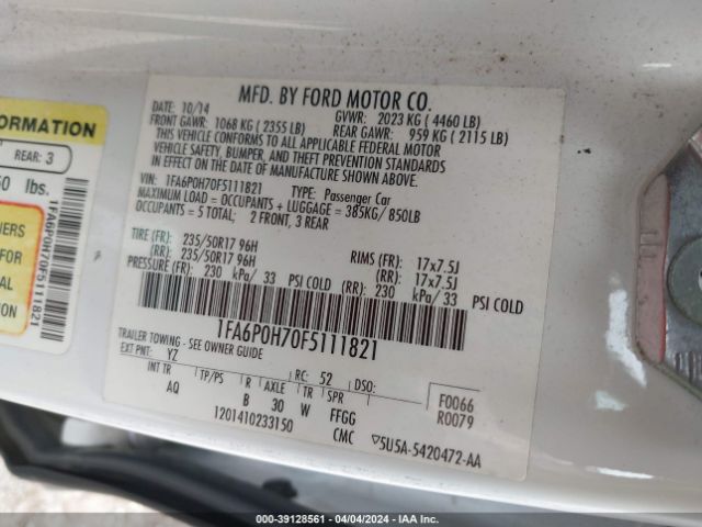 Photo 8 VIN: 1FA6P0H70F5111821 - FORD FUSION 