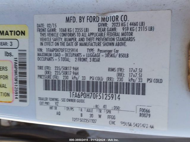 Photo 8 VIN: 1FA6P0H70F5125914 - FORD FUSION 