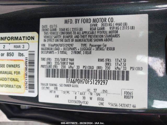 Photo 8 VIN: 1FA6P0H70F5129297 - FORD FUSION 