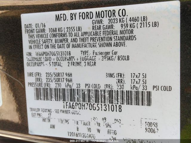 Photo 8 VIN: 1FA6P0H70G5131018 - FORD FUSION 