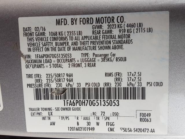 Photo 9 VIN: 1FA6P0H70G5135053 - FORD FUSION 