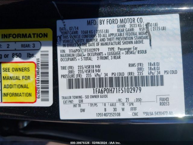 Photo 8 VIN: 1FA6P0H71F5102979 - FORD FUSION 