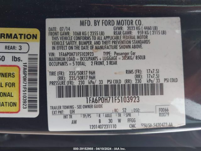 Photo 8 VIN: 1FA6P0H71F5103923 - FORD FUSION 