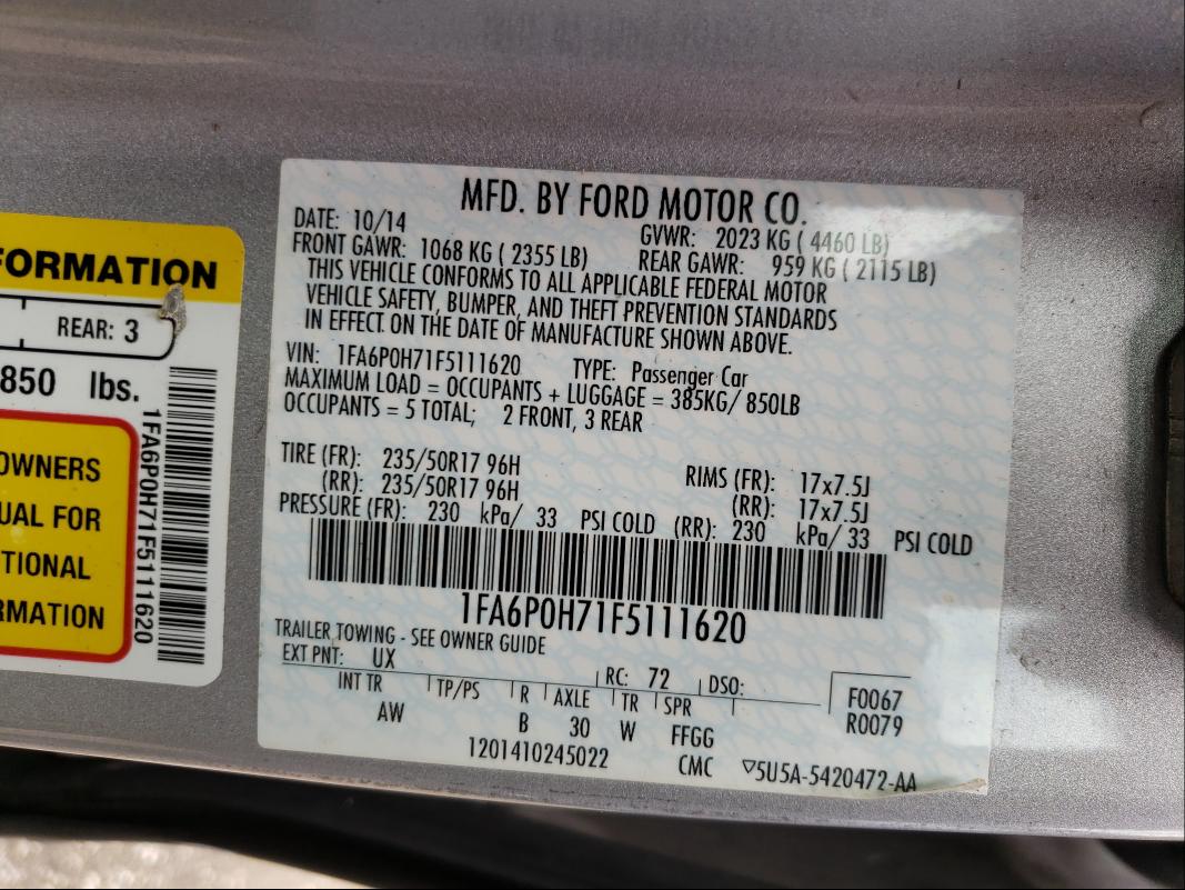 Photo 9 VIN: 1FA6P0H71F5111620 - FORD FUSION SE 