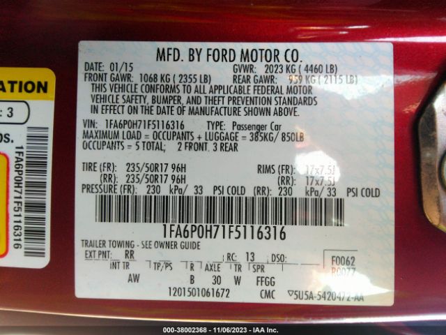 Photo 8 VIN: 1FA6P0H71F5116316 - FORD FUSION 