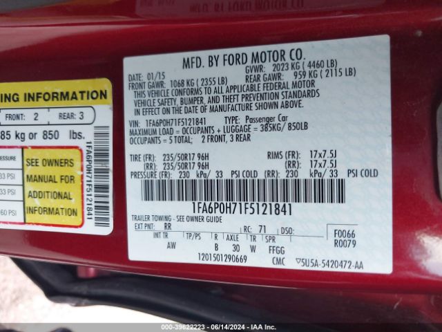 Photo 8 VIN: 1FA6P0H71F5121841 - FORD FUSION 