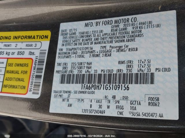 Photo 8 VIN: 1FA6P0H71G5109156 - FORD FUSION 