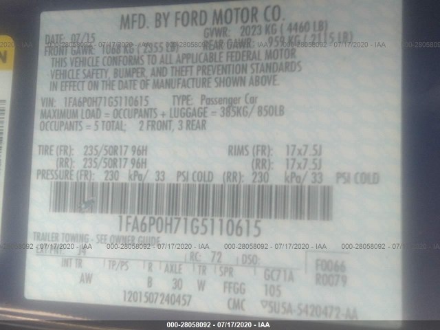 Photo 8 VIN: 1FA6P0H71G5110615 - FORD FUSION 