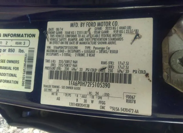 Photo 8 VIN: 1FA6P0H72F5105390 - FORD FUSION 