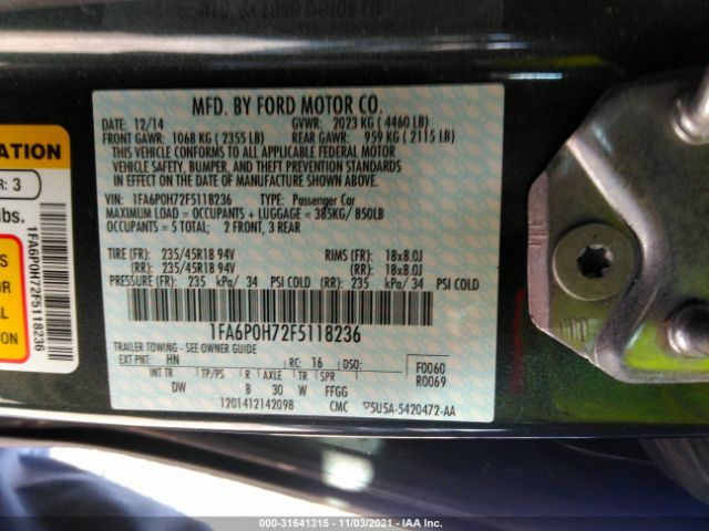 Photo 8 VIN: 1FA6P0H72F5118236 - FORD FUSION 