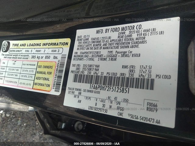 Photo 8 VIN: 1FA6P0H72F5125851 - FORD FUSION 