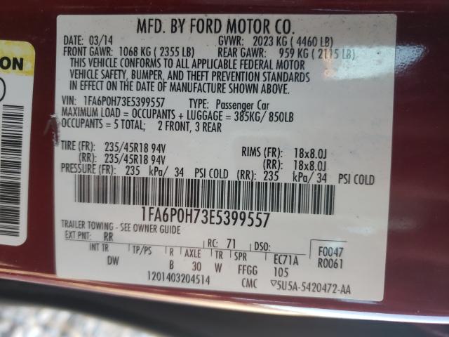 Photo 9 VIN: 1FA6P0H73E5399557 - FORD FUSION SE 