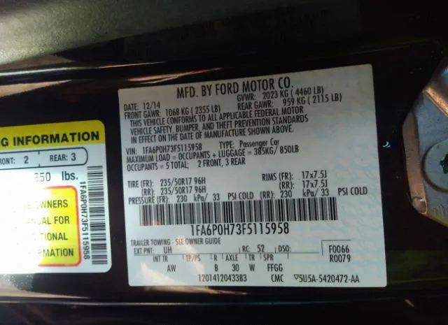 Photo 8 VIN: 1FA6P0H73F5115958 - FORD FUSION 