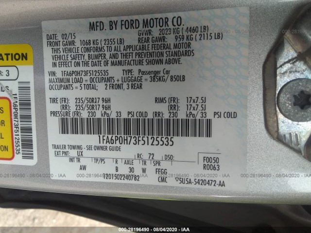 Photo 8 VIN: 1FA6P0H73F5125535 - FORD FUSION 