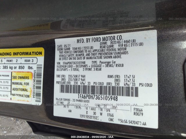 Photo 8 VIN: 1FA6P0H73G5105948 - FORD FUSION 