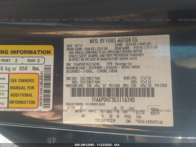 Photo 8 VIN: 1FA6P0H73G5116240 - FORD FUSION 