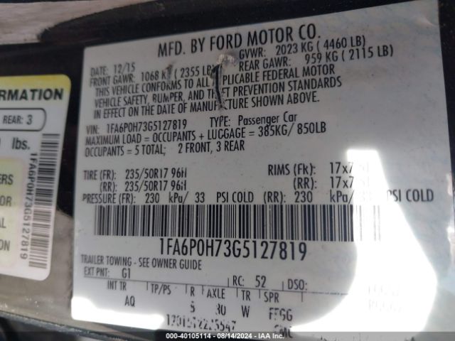 Photo 8 VIN: 1FA6P0H73G5127819 - FORD FUSION 